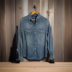 Zara Basic Women's L Blue Denim Western Pearl Snap Shirt